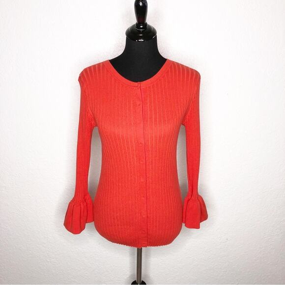 Cabi bright orange trumpet sleeve ribbed snap front cardigan size Small #5285 - Picture 2 of 14